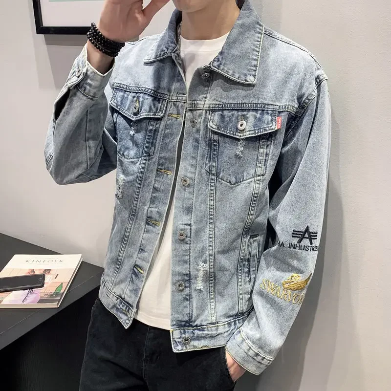 Button Cowboy Coat for Men With Embroidery Denim Jackets Man Ripped Hole New In Fast Delvery Y2k Cheap Price Stylish of Fabric