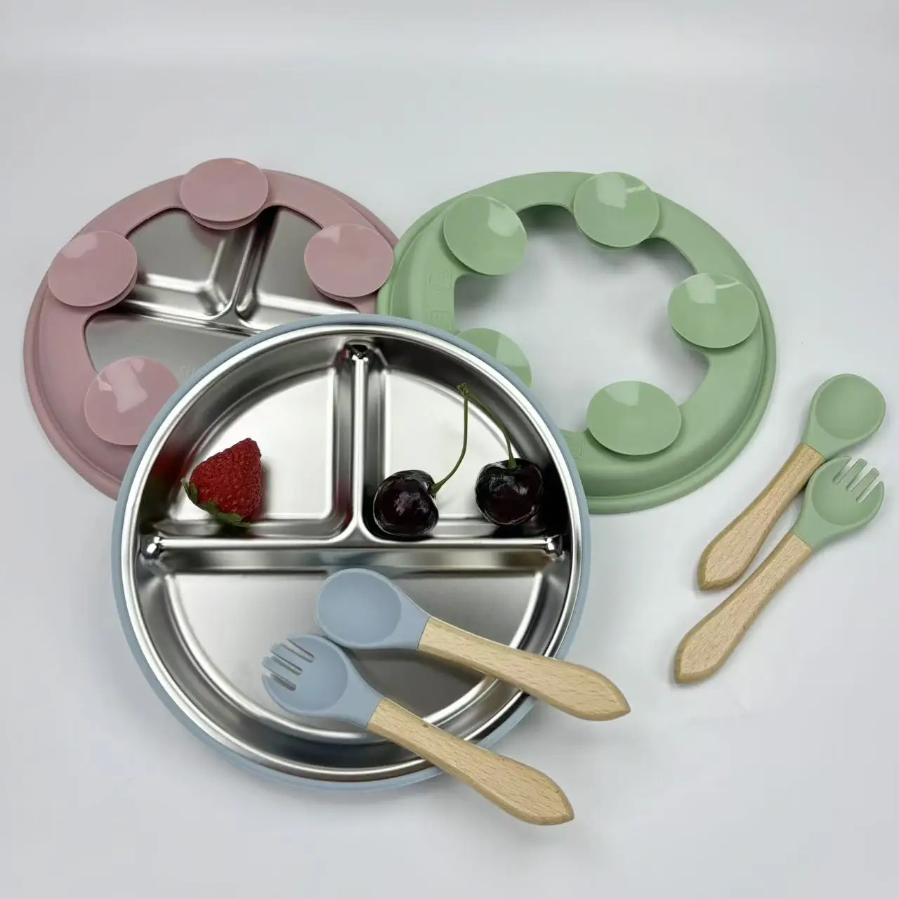 

Children's tableware set, stainless steel plate + wooden fork and spoon, with suction cup to prevent falling, easy to clean