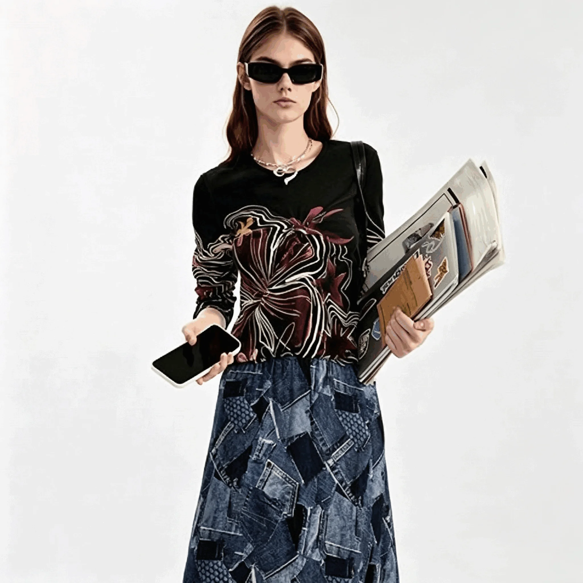 Spanish original single women's T-shirt elastic slim fit embroidered printed long sleeved new top