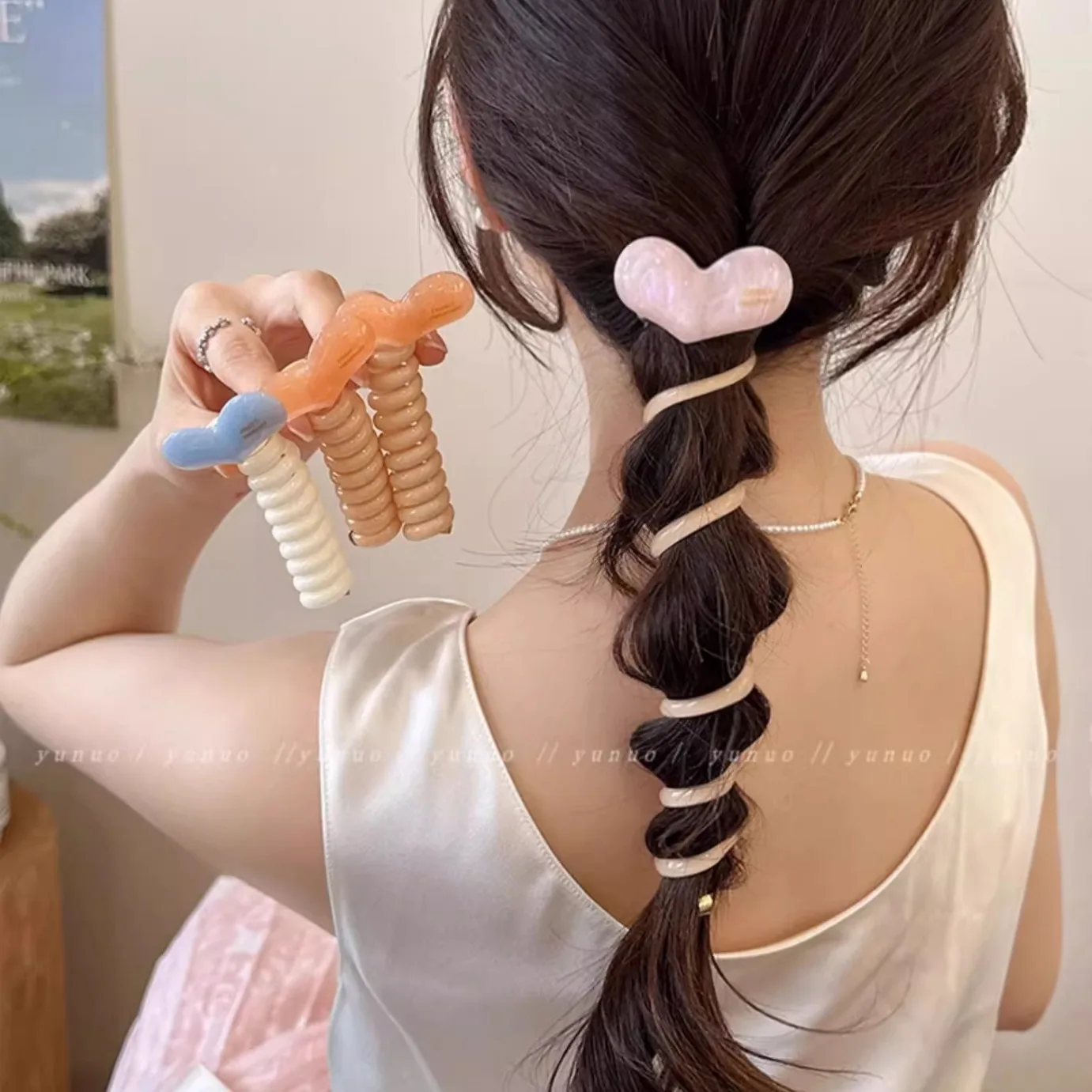 Fashion Sweet Heart Telephone Wire Line Elastic Rubber Braided elegant Hair Rope Tie For Women Girls Wedding Hair Accessories