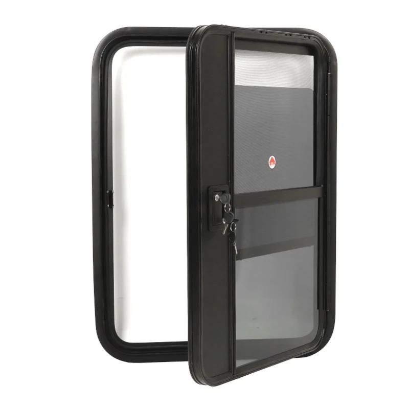 Puerta de Camper RV, ventana corrediza tintada de vidrio templado con forma de lágrima, puerta de remolque de sellado completo con cerradura segura de red para insectos RV