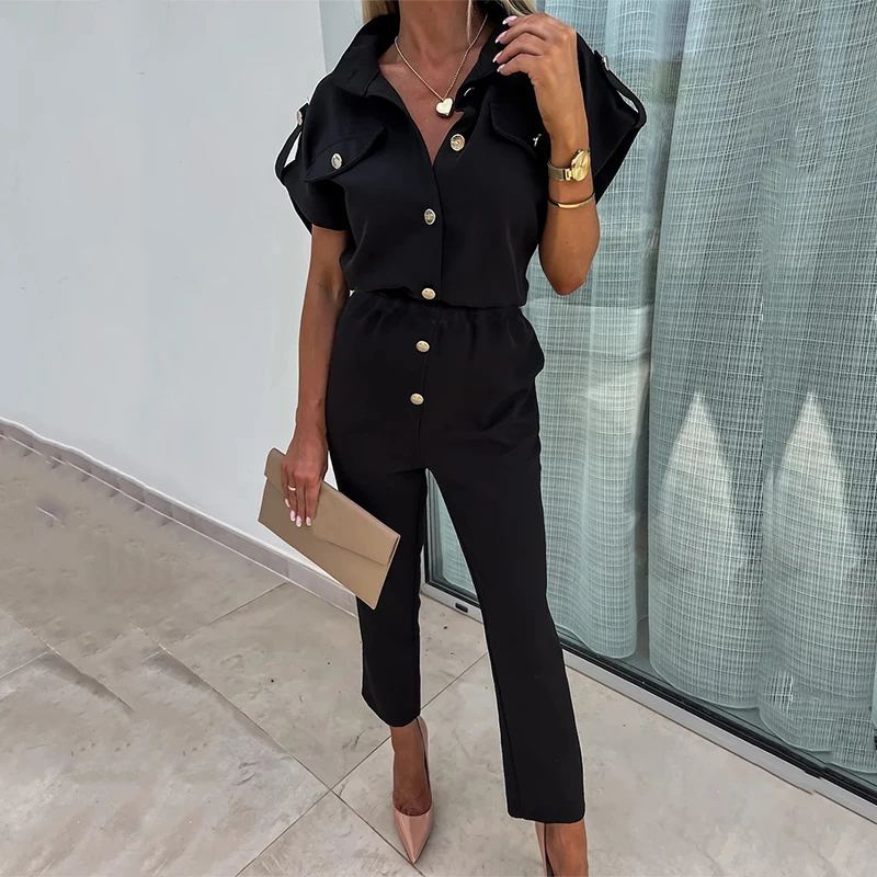 

Commuter Lady Button Lapel Shirts Jumpsuits Spring Solid High Waist Playsuit Rompers Summer Short Sleeve Straight Women Overalls