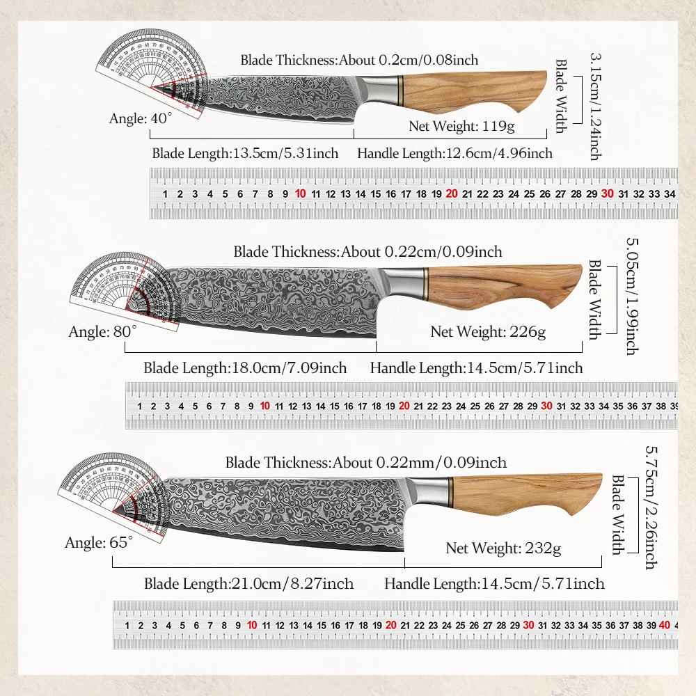 HEZHEN 1-3PC Knife Set Professional Damascus Steel Chef Santoku Utility Cook Knife For Meat Sharp Olive Wood Kitchen Knife