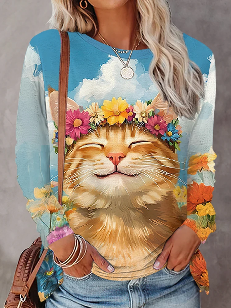 

Cartoon Women's Long-Sleeved T-Shirt Casual Autumn T-Shirt Top Animal Print Cat Pattern OverSize Women's Clothing
