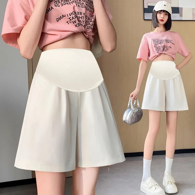 

High-Waisted A-Line Office Shorts with Belly Support Bermuda Length Clothes for Pregnant Women Wide Leg Summer Maternity Shorts
