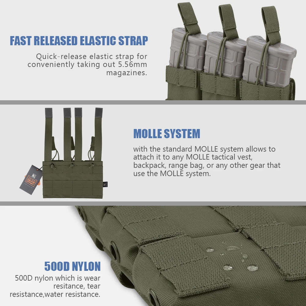 KRYDEX Tactical 5.56 MOLLE Magazines Pouch Triple Open-Top Mag Pouch for M4 M16 AR 15 Hunting Accessories