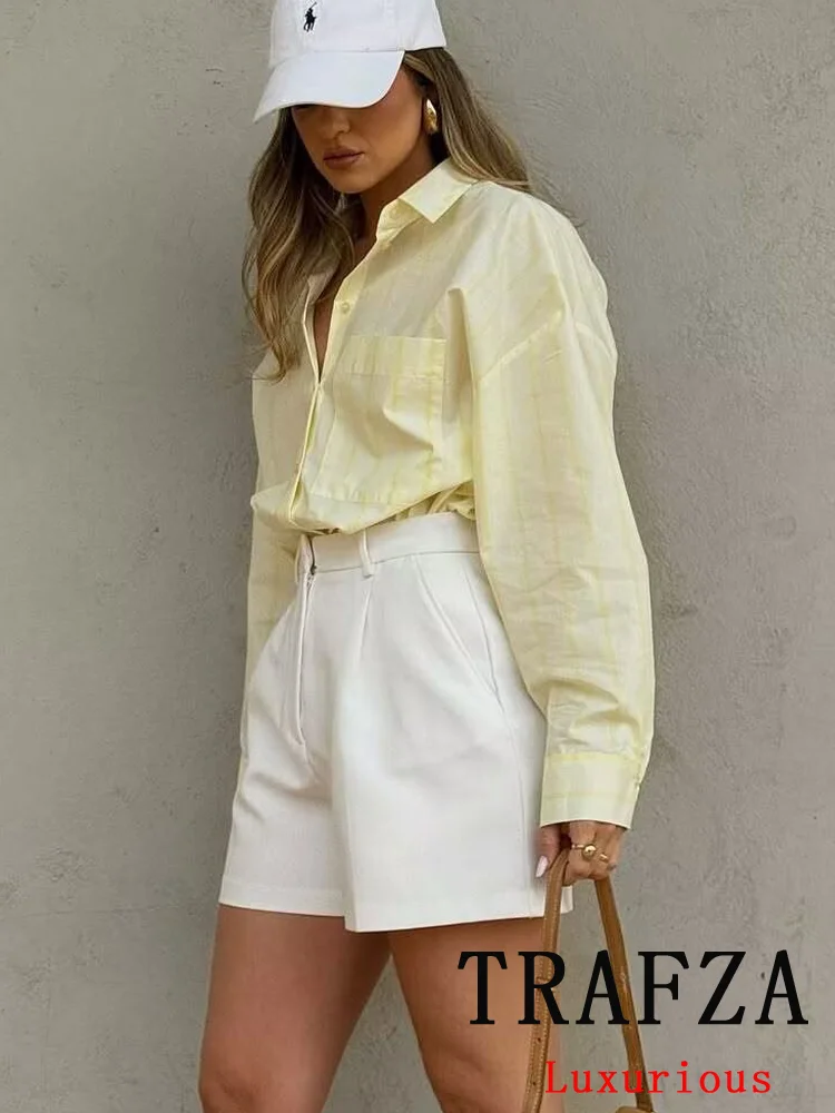 

TRAFZA Casual Women Blouse Butter Yellow Striped Turn-down Collar Single Breasted Long Sleeve Blouse Fashion 2025 Spring Shirts