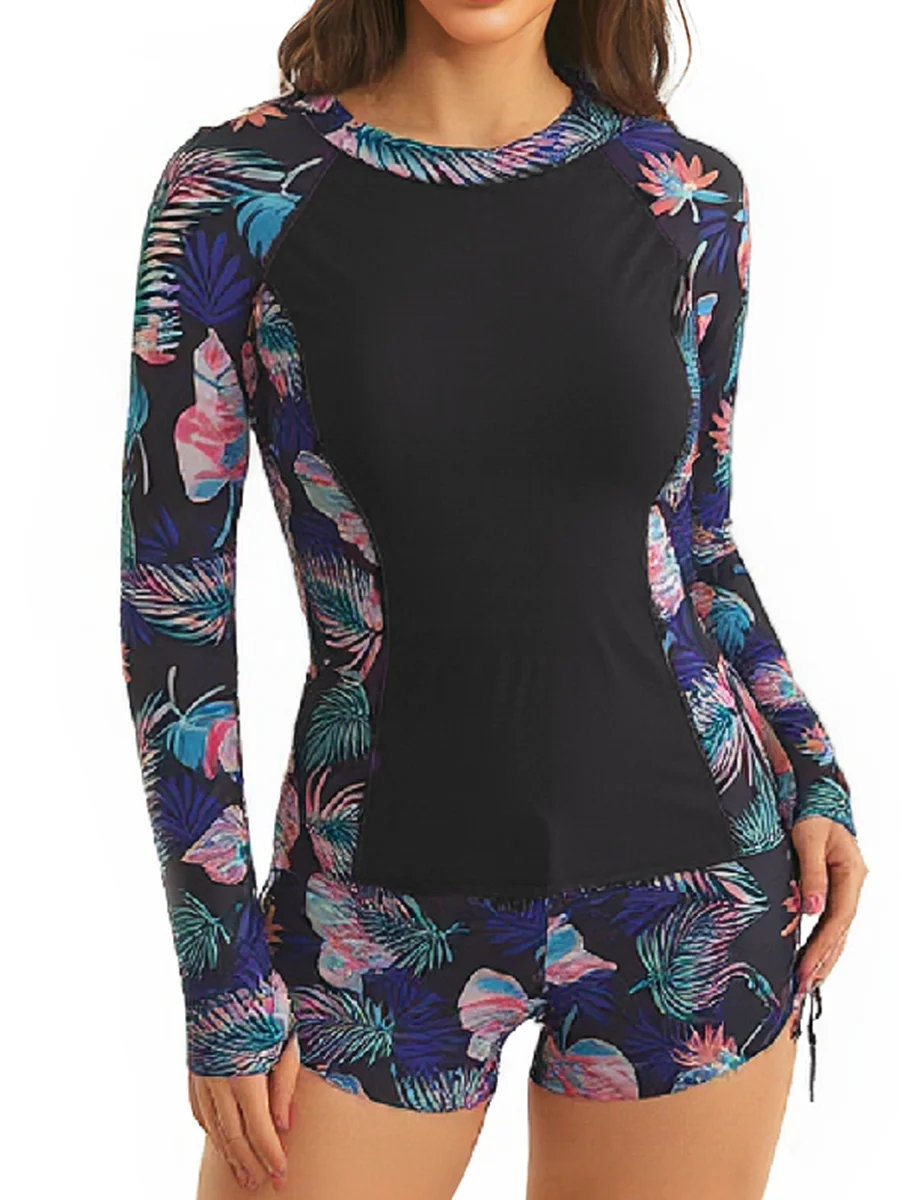 2026 Long Sleeve Surfing Swimsuit Print Swimwear Women Two Pieces Diving Clothes Beachwear Bathing Swimming Swim Surf Suit XL