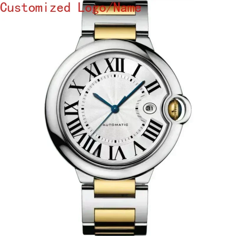 الرجال النساء الياقوت بالون سلسلة التلقائي حركة ميكانيكية ساعة الفولاذ المقاوم للصدأ حزام من الجلد الأسود الأزرق حسب الطلب #1