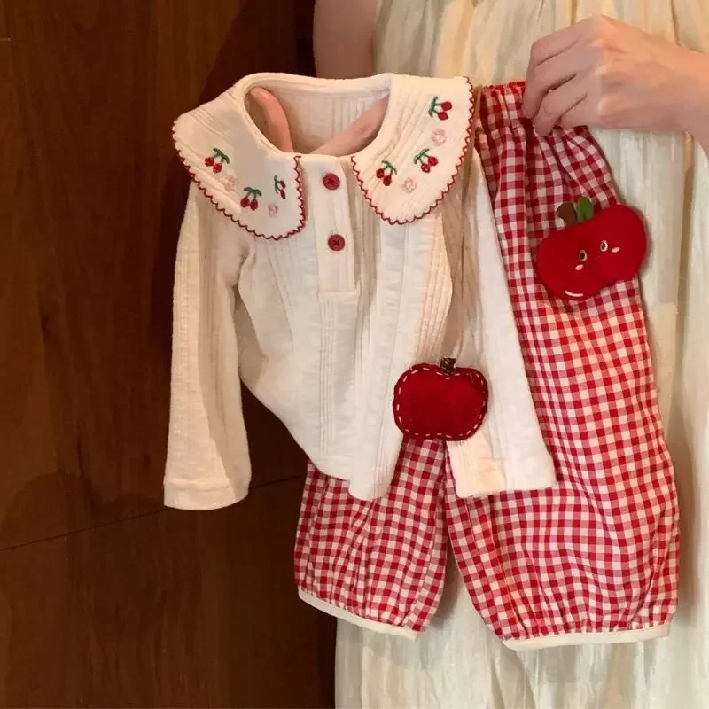 Girls' Fashion Set Spring and Autumn Children's Baby Stylish Casual Checkered Pants Long Sleeve T-shirt Top Two Piece Set