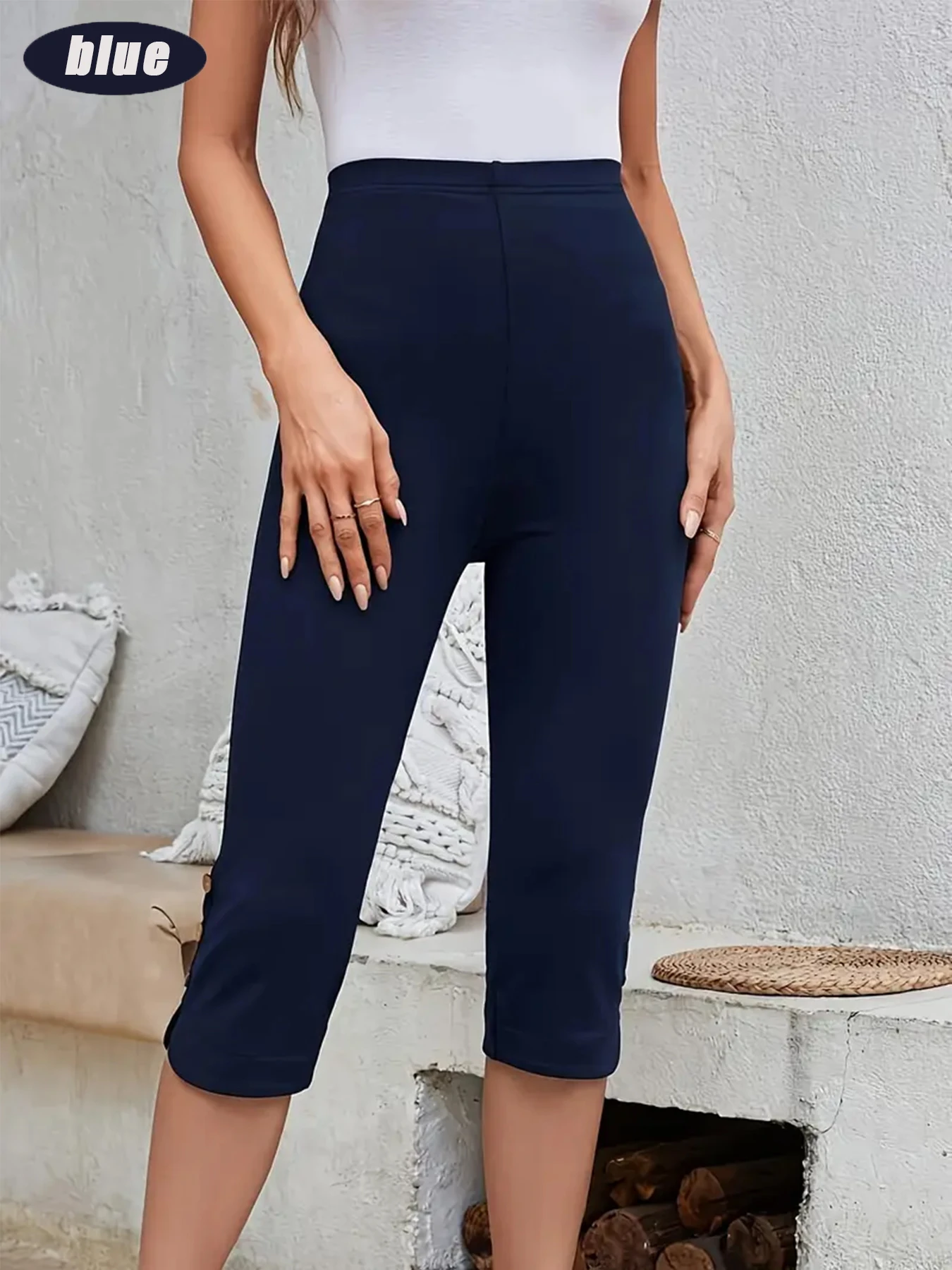 【3-pack capri-legging】 Damesbroek met hoge taille en knoopzoom, marineblauw+bordeaux+zwarte stretch slim-fit cropped broek, casual workou