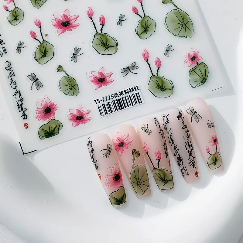 1 Sheet 3D Realistic Green Leaf Pink Lotus Flower Traditional Chinese Painting Adhesive Nail Art Stickers Decals Manicure Charms