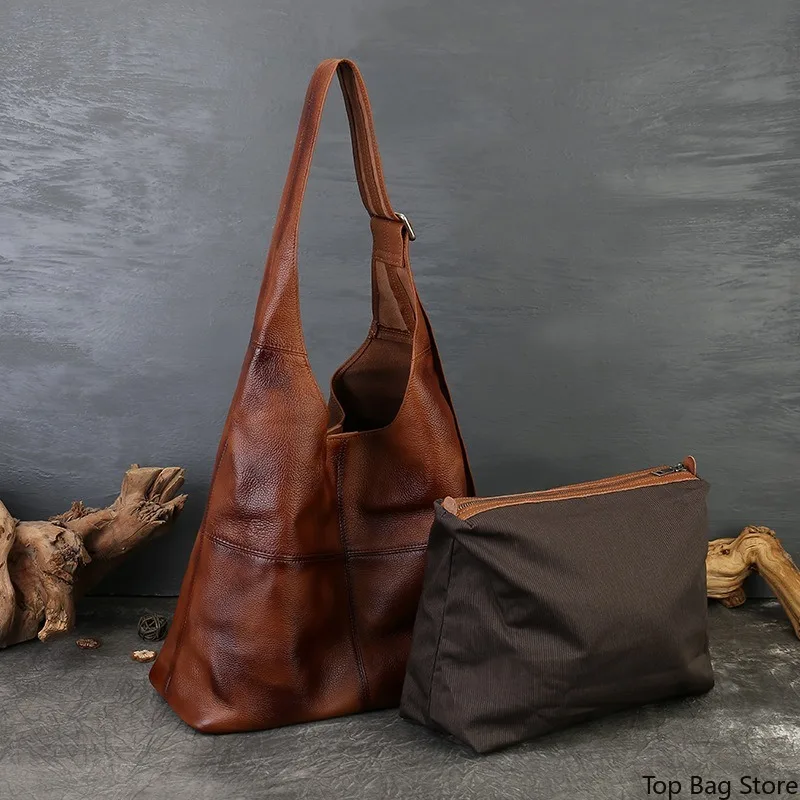 Elegant Vintage Everyday Tote Bag for Women Genuine Leather Wide Adjustable Strap Convertible Luxury Shoulder Crossbody Bag