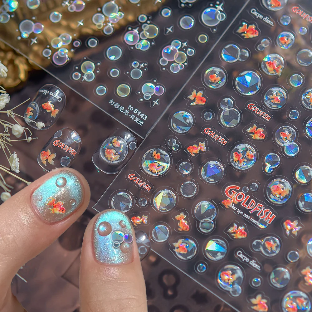 

5D Dazzling Water Bubbles Goldfish Koi Nail Sticker Dreamy Polarized Bubbles Little Red Fish Adhesive Nail Slider DIY Nail Decor