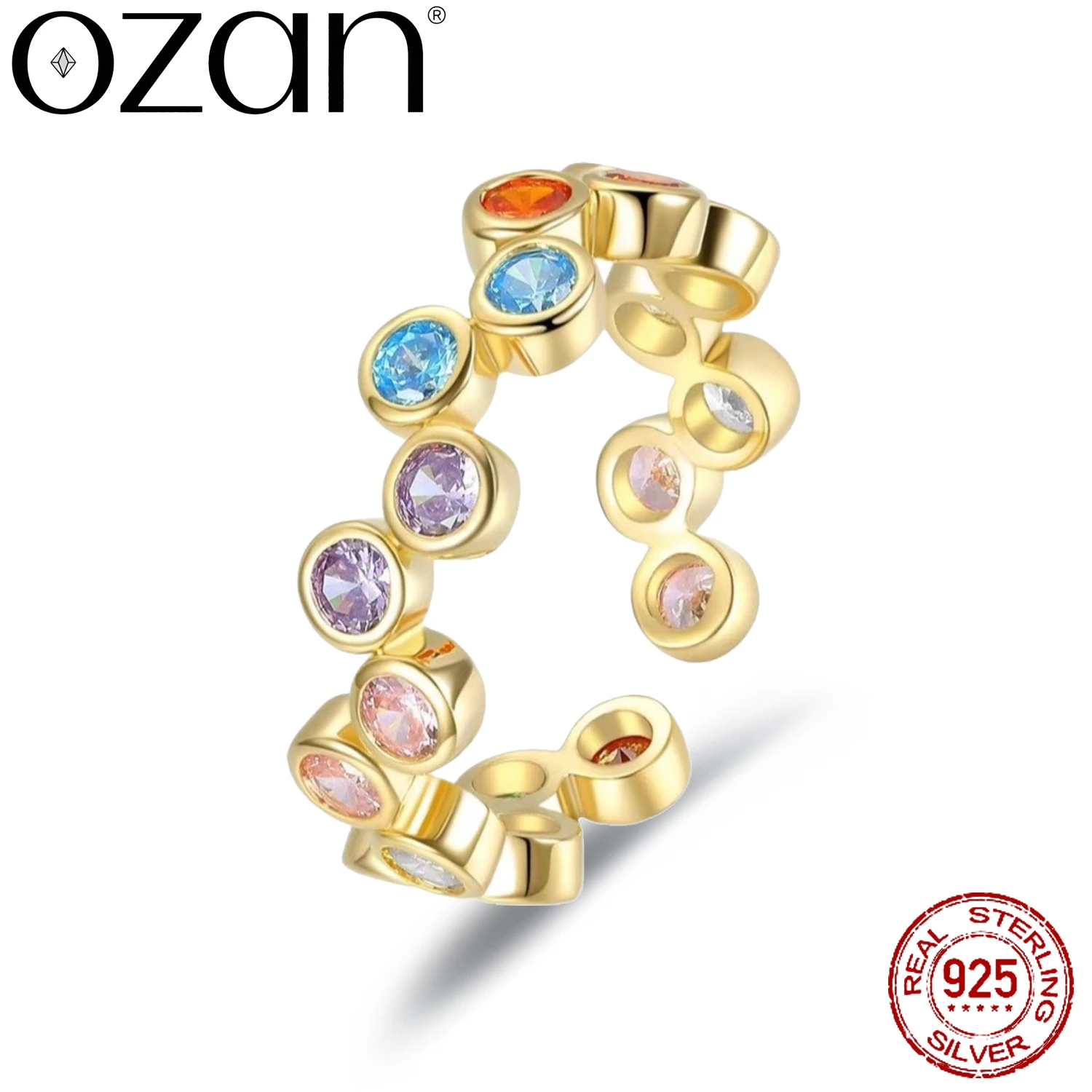 OZAN 925 Sterling Silver Ring Colorful CZ Open Ajustable Cocktail Ring 18K Yellow Gold Plated Fashion Trendy Women's Jewelry