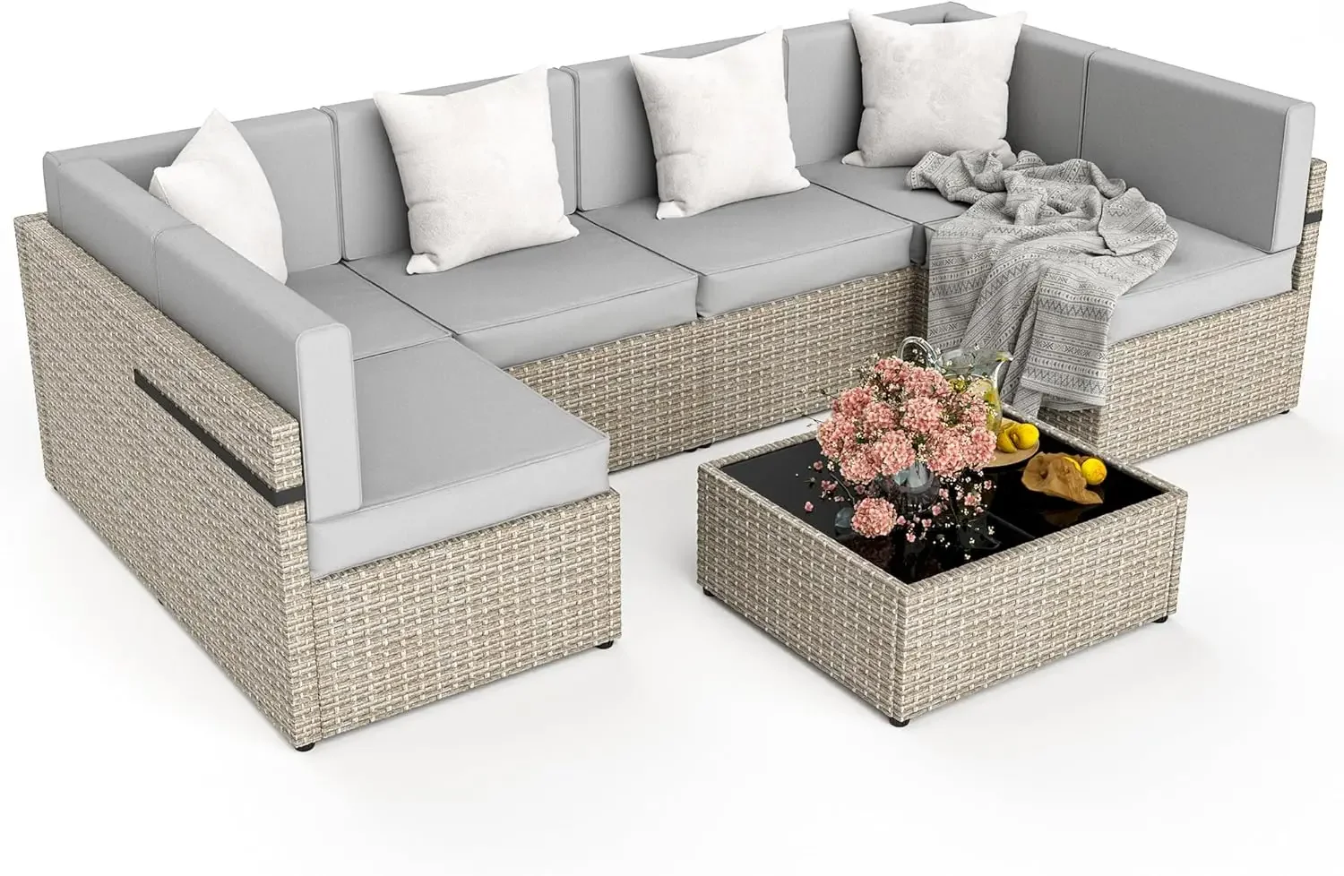 7 Piece Outdoor Sectional Furniture Set, All-Weather Wicker Patio Furniture with Washable Cushions, Waterproof Gray Rattan Conve
