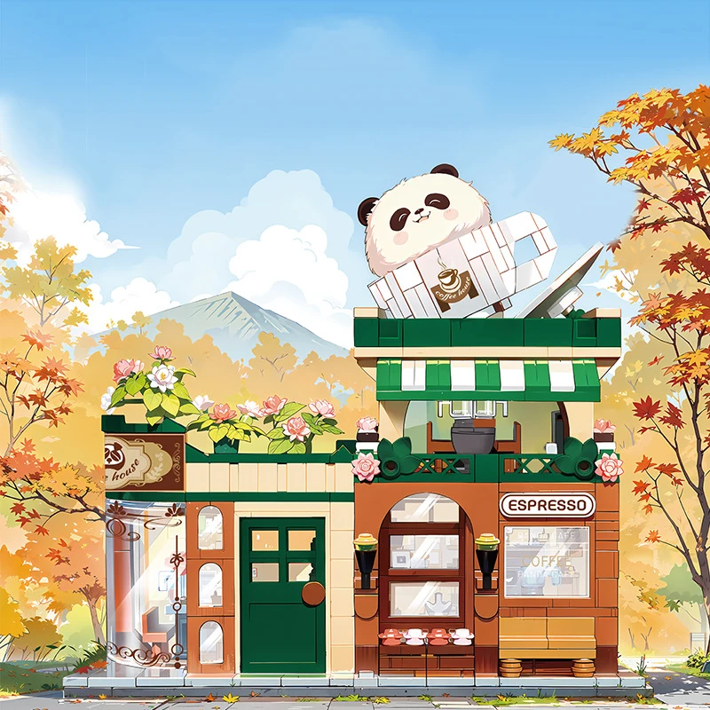 Loz Streetscape Mini Diamond Building Block Coffee Shop Building Brick City Street View Creative Panda Cafe House Toy For Gifts
