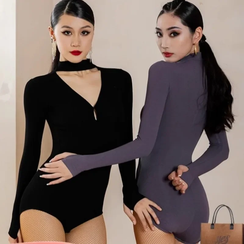 Latin dance jumpsuit women's standing collar hollowed out dance outfit fashionable Yoga practice long sleeved top Dance jumpsuit