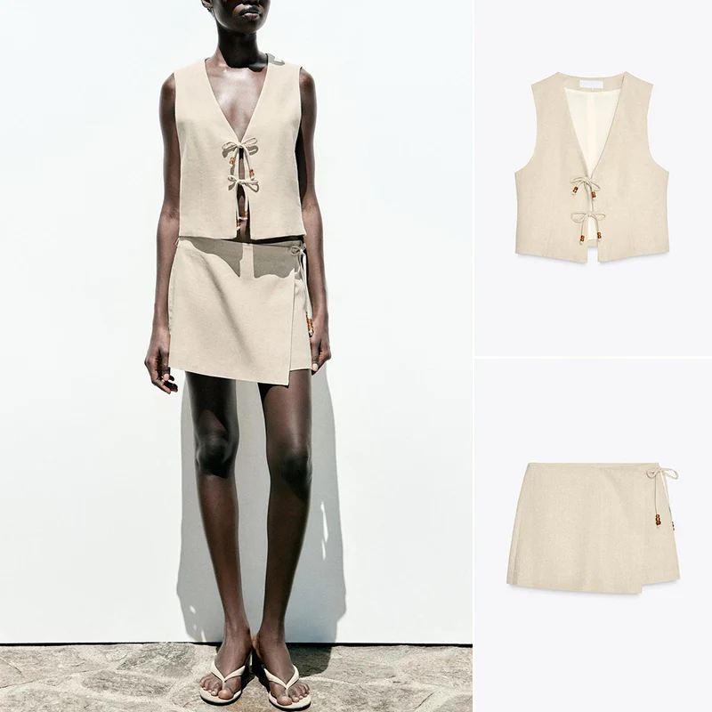 

Комплект из смеси льна, украшенный бисером, жилет и рта, ort Sve V-Ne, женский летний костюм на пуговицах Faion, костюм из двух предметов