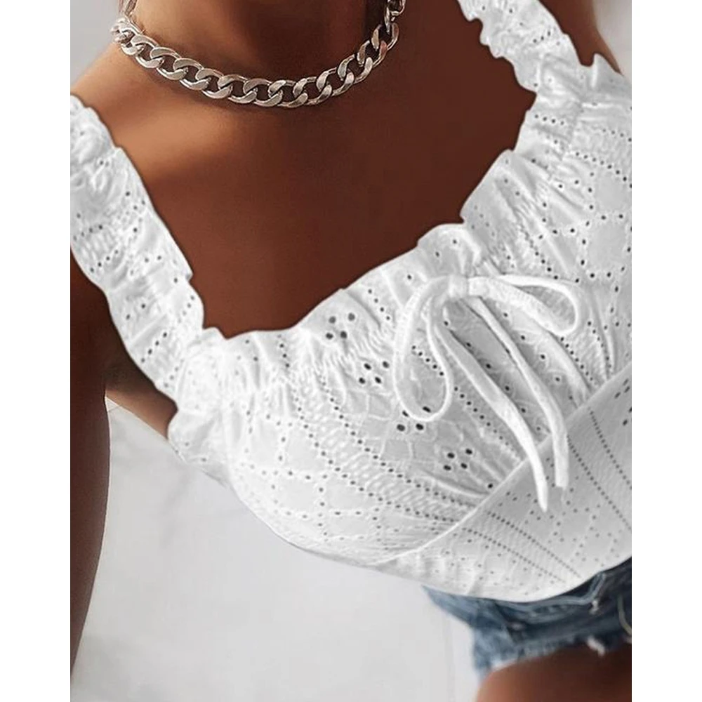 Fashion Sexy Hollow Out Cami Tops for Women Casual Bow Decor Tank y2k Tops Summer Women White Top Femme Holiday Cami Streetwear