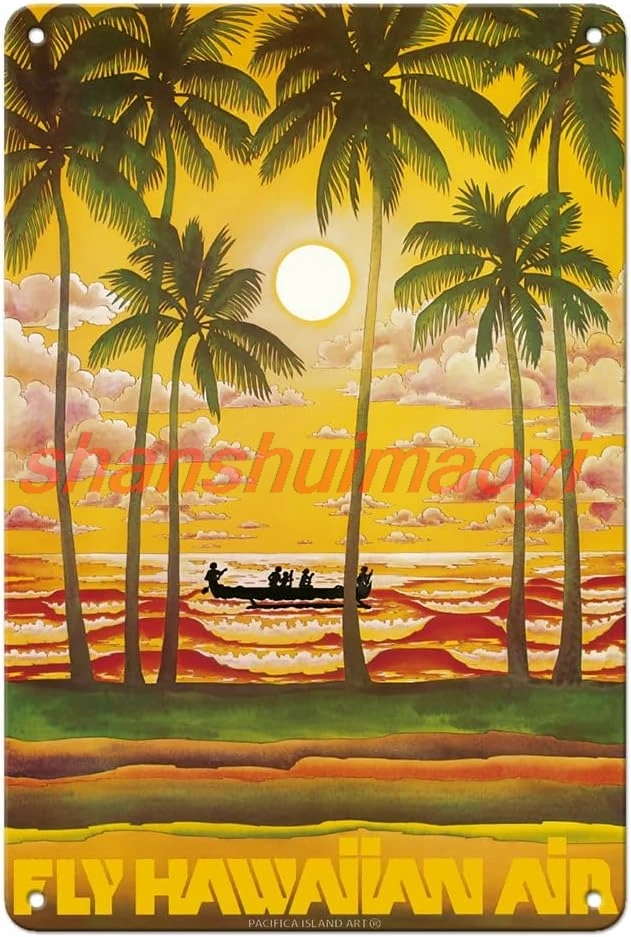 Pacifica Island Art Hawaii - Fly Hawaiian Air - Hawaiian Airlines - Vintage Airline Travel Poster c.1970s - 8 x 12 inch Vin sign