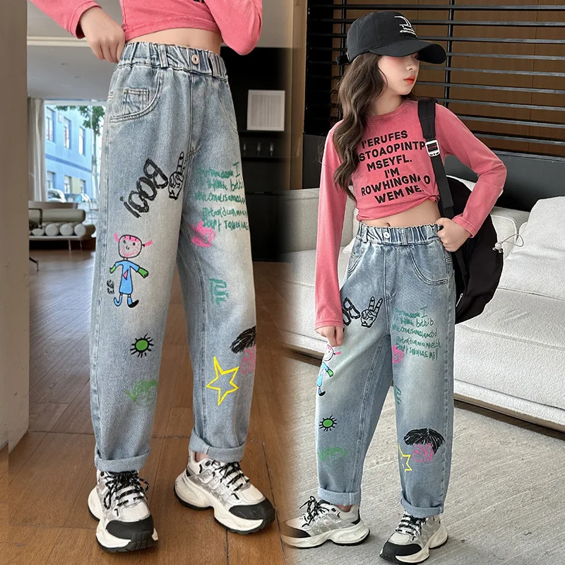 

Новые модные твидовые детские джинсы для девочек, эластичные мягкие джинсовые брюки с высокой талией, детские повседневные джинсы стандартной посадки, брюки для детей от 5 до 14 лет