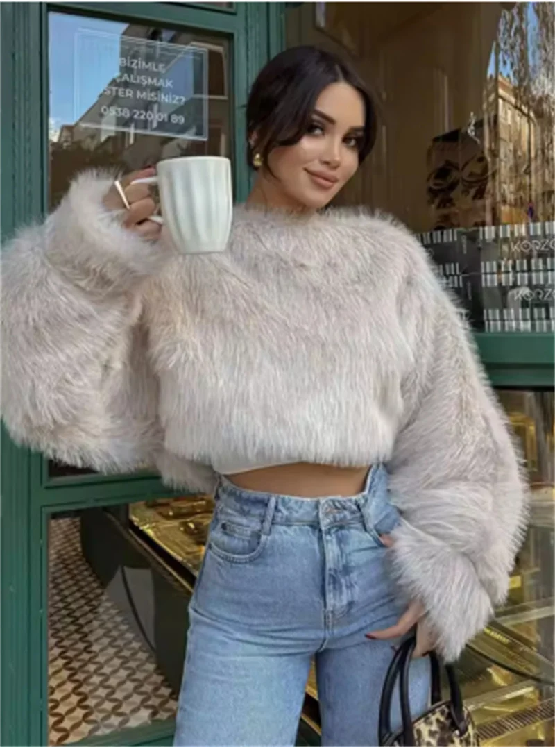 Guobioziy Women's Top 2026 Fall/Winter New French-Style Elegant Solid Color Long Sleeve Faux Fur Effect Short Jacket