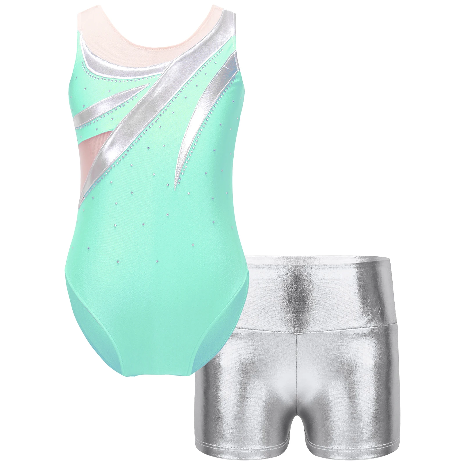 Kids Girls 2Pcs Dancewear Sets Metallic Sleeveless One Piece Gymnastics Leotard Bodysuit Jumpsuit and Boyshorts Outfit