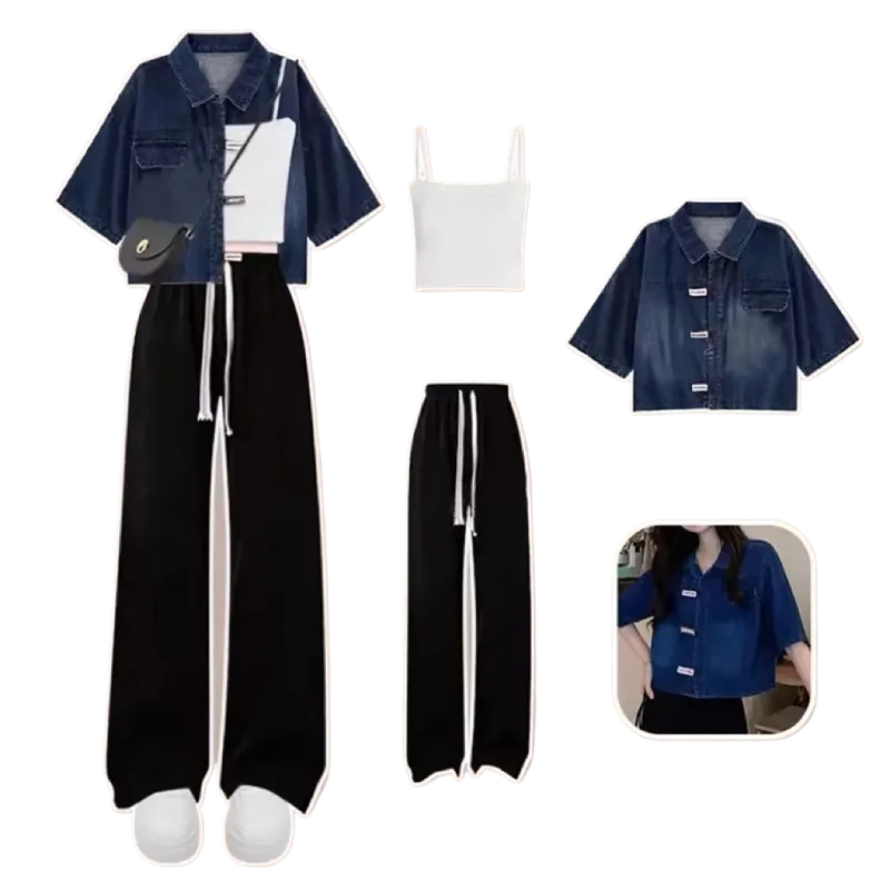 

Summer Korean Casual Women Matching Sets Fashion Short Sleeve Denim Coats Sling Wide Leg Pants 1 or 3 Piece Suits Outfits Female