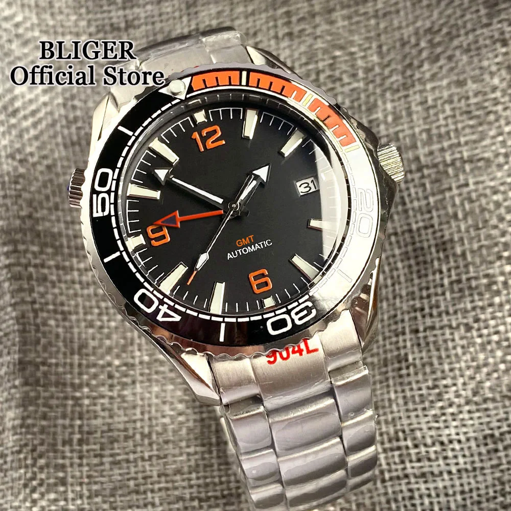 BLIGER Luxury 41mm NH34A Automatic Watch Men Luminous Sapphire Glass NH34 GMT Stainless Steel Strap Black Dial Ceramic Insert