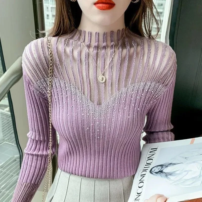 Half High Collar Mesh Lace Sweater Bottom Top for Women Autumn Long Sleeve Jumpers Diamond Hollow Out Slim Knit Pullover