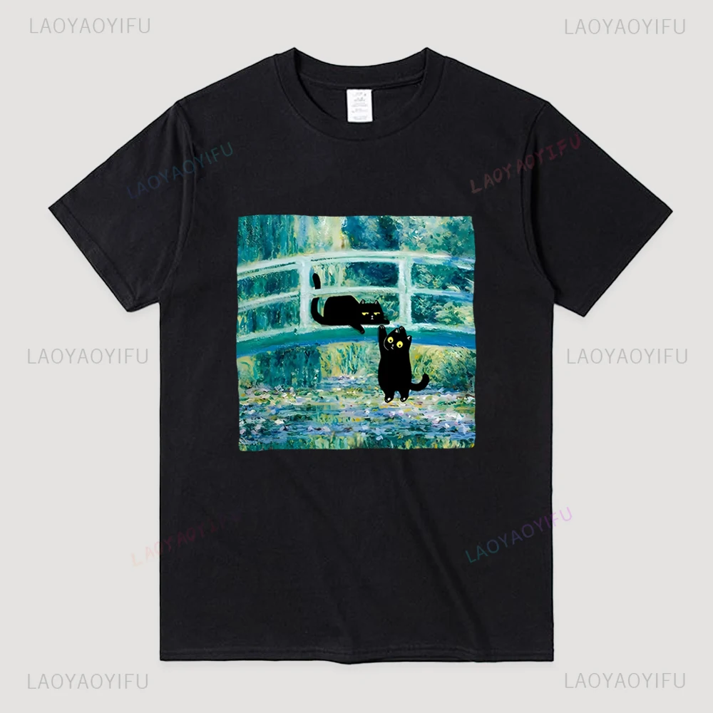 World famous paintings cat The Water Lily Pond Printing Men Women Clothes  Fashion  Casual T Shirt Pattern T-shirts Couple