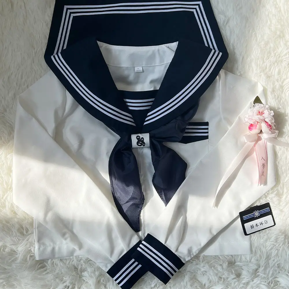 Middelbare School Zuid-Korea Uniform Lente Herfst Marineblauwe Geplooide Rok Voor Meisje Japan Jk Uniform Wit Matrozenpak Blouse Seifuku