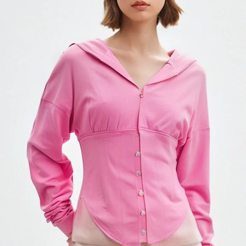 

European and American Street Trendy Hoodie 2025 Spring New V-neck Sexy Fishbone Waist Top for Women