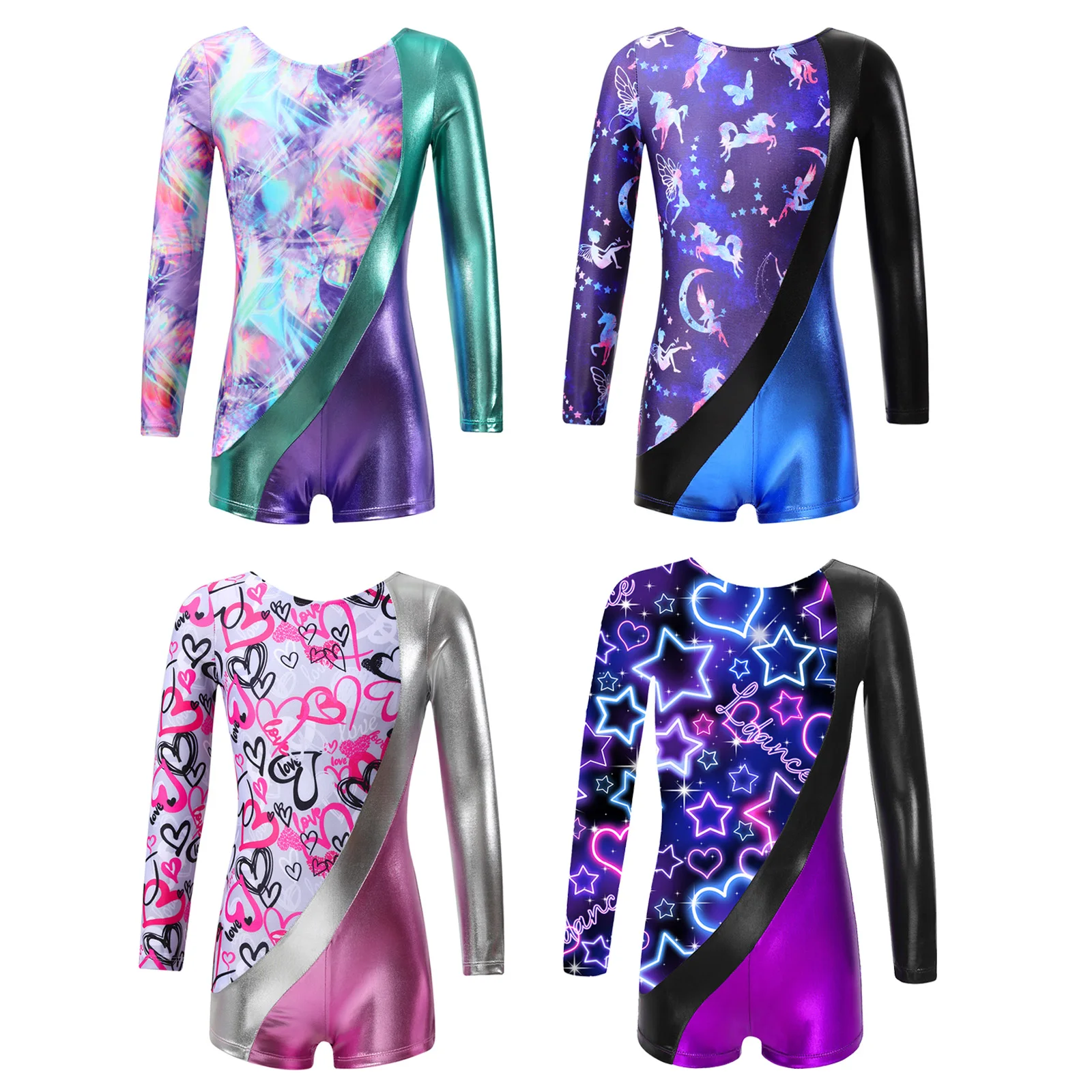 Kids Patchwork Print Ballet Dance Leotard Unitard Teens Long Sleeve Gymnastics Jumpsuit for Girls Children Ice Skating Bodysuit