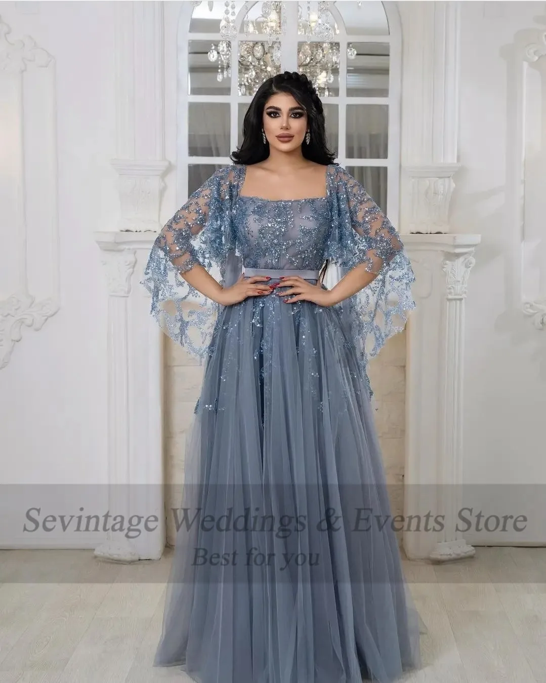 Sevintage-Vestidos de Fiesta de Arabia Saudita para mujer, de noche con ropa Formal Apliques de encaje, Mangas de casquillo, línea A, especial