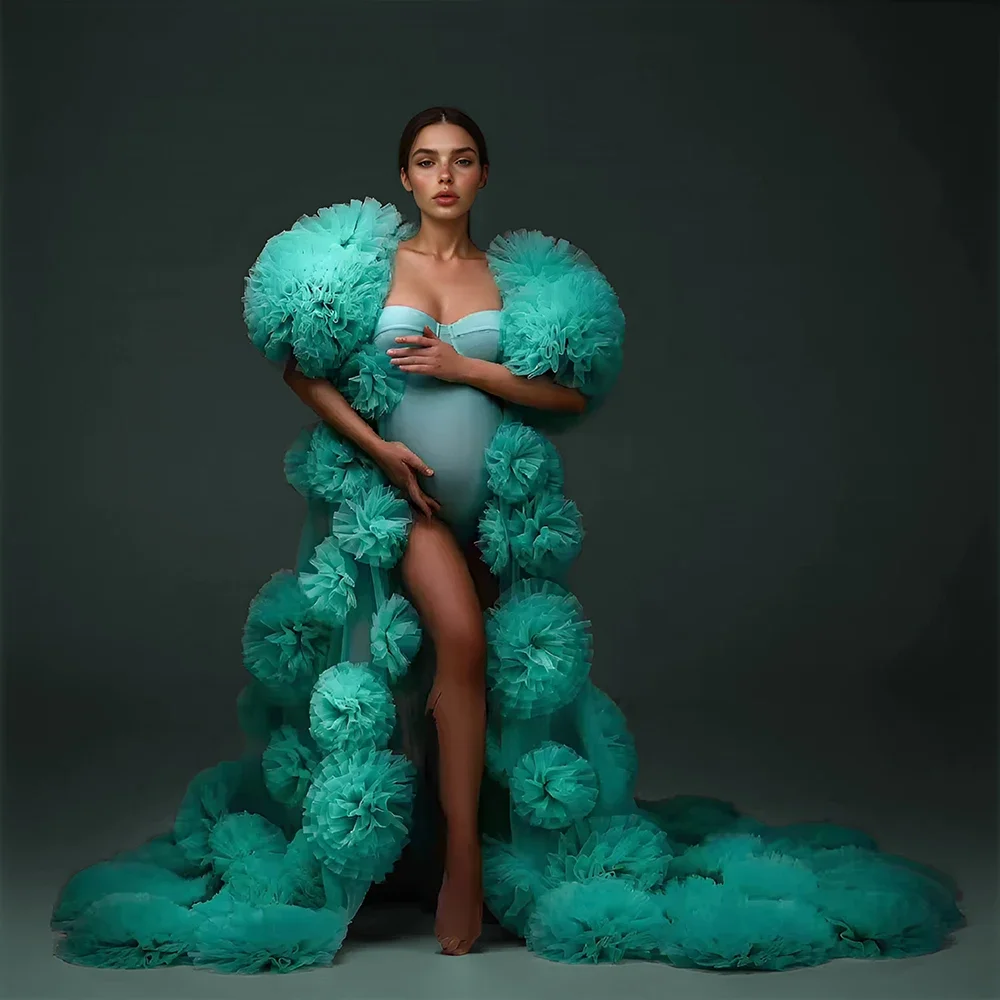 Unique Ruffled Tulle Pregnancy Photo Shooting Dress Sheer Bathrobe 3D Flowers Maternity Dresses for Photoshoot Photography Dress