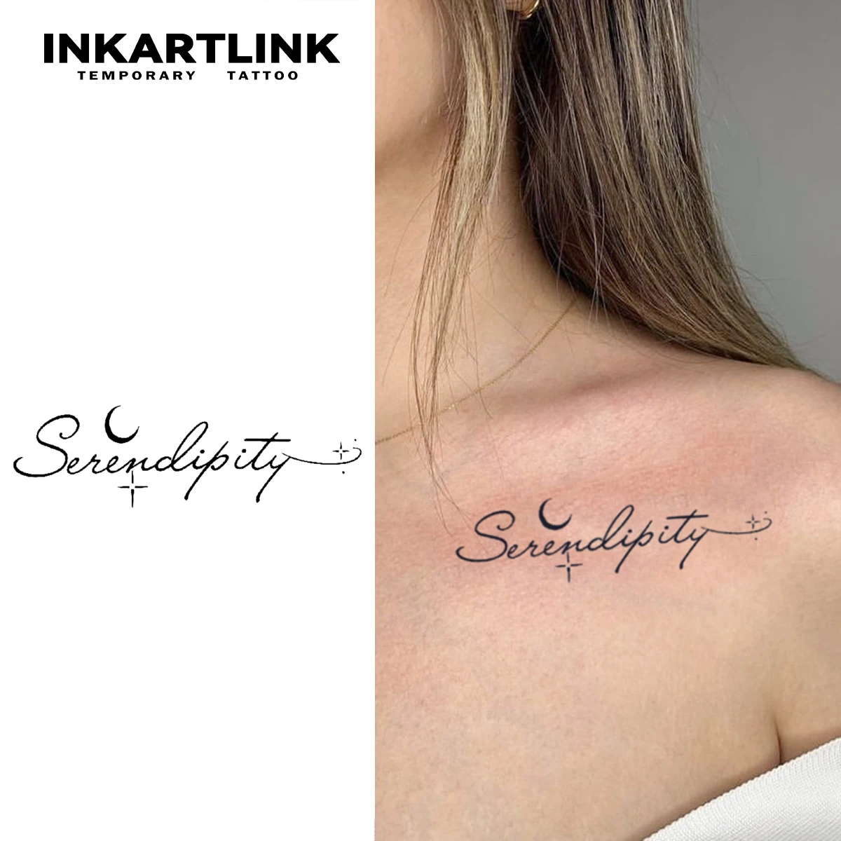 INKARTLINK English Art Word Tattoo Stickers 1-2 Weeks Long Lasting 'Serendipity' Moon Star Theme Waterproof Temporary Tattoo