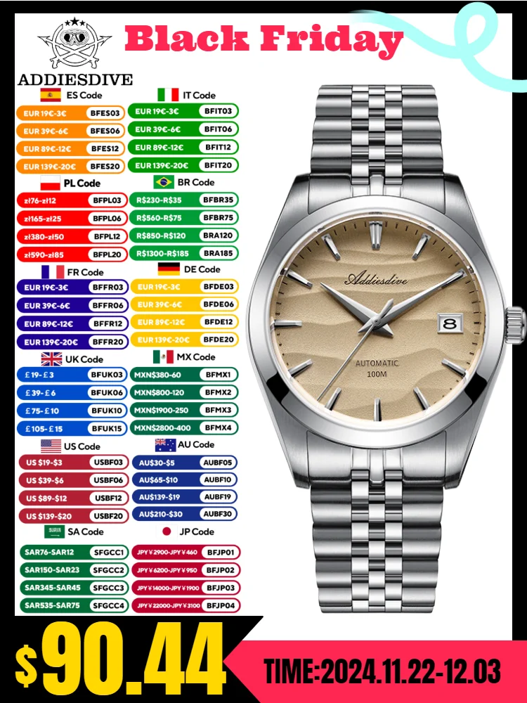 Addiesdive-カップル用の高級自動機械式時計,砂漠のテクスチャ,316lステンレス鋼,ダイバーデイト100m,39mm