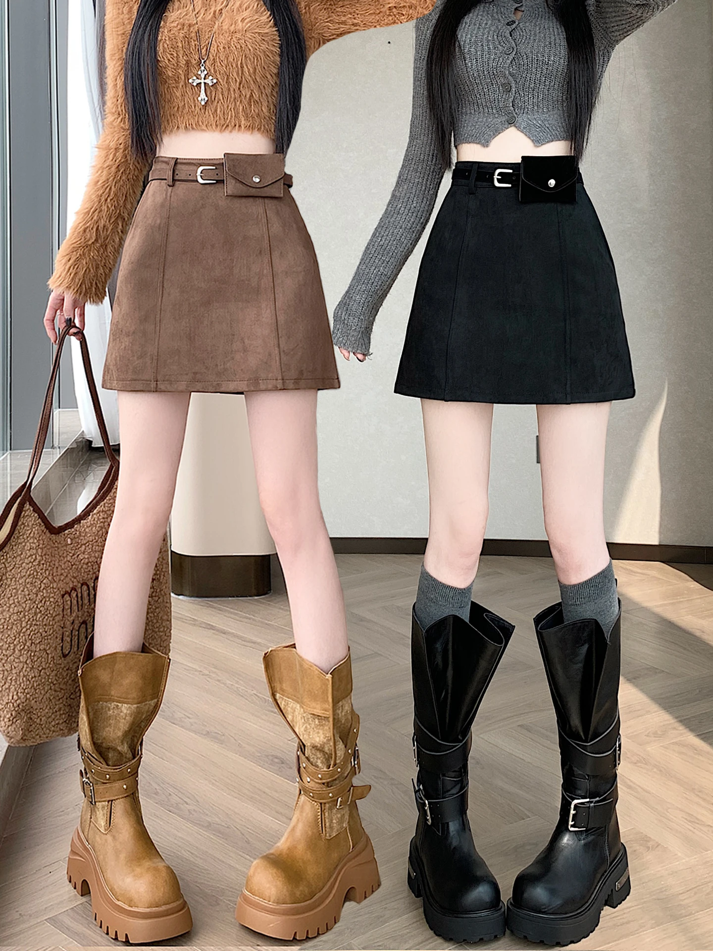 

Короткая кожаная юбка в клетку с высокой талией для женщин больших размеров, весенняя юбка А-силуэта, облегающая, создающая особую атмосферу