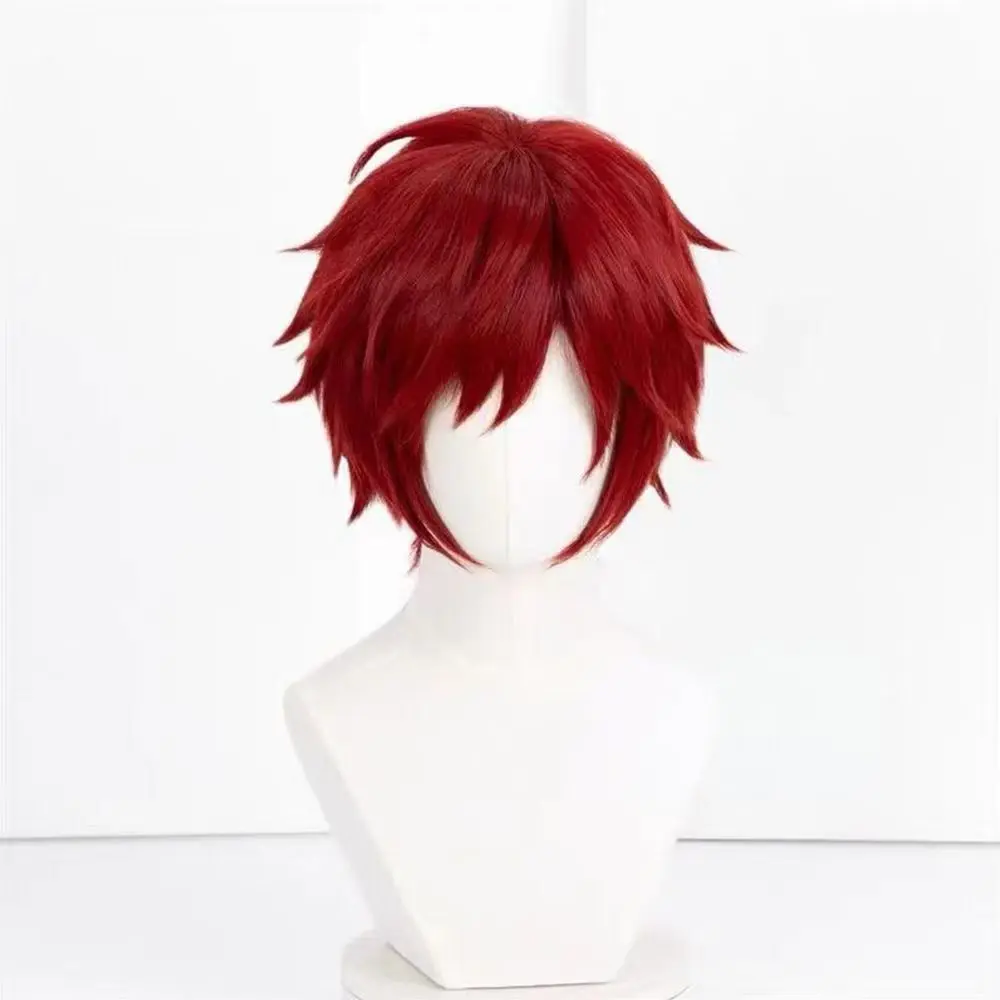 Anime Cosplay Wig Red Short Hair Rose Net Cap Heat Resistant Synthetic Fiber Wig for Halloween Party Men's Anime Wig