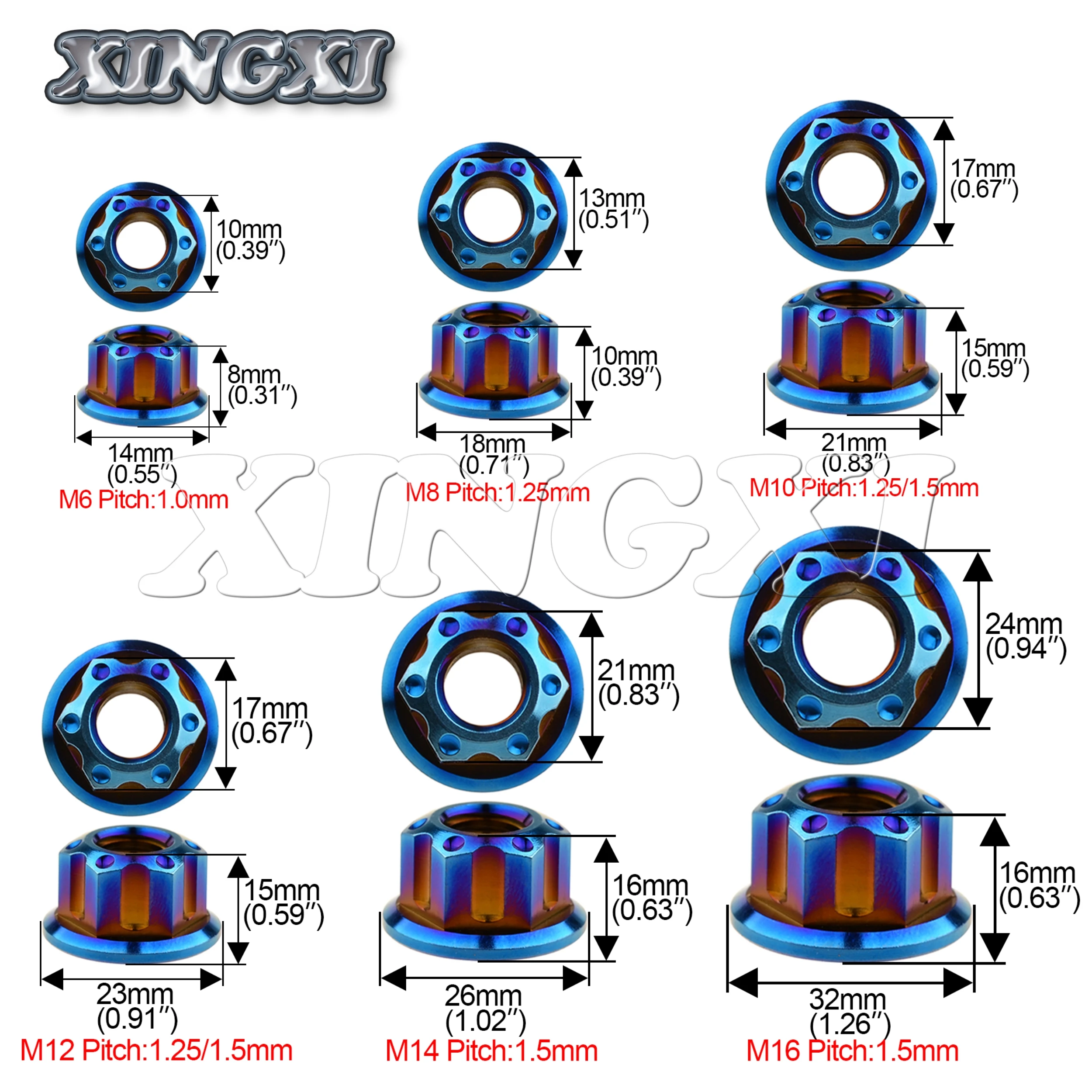 Xingxi 5Pcs Titanium Hex Flange Nuts Ti M6 M8 M10 M12 M14 M16 Nut For Motorcycle Bicycle Bike Brake Accessories