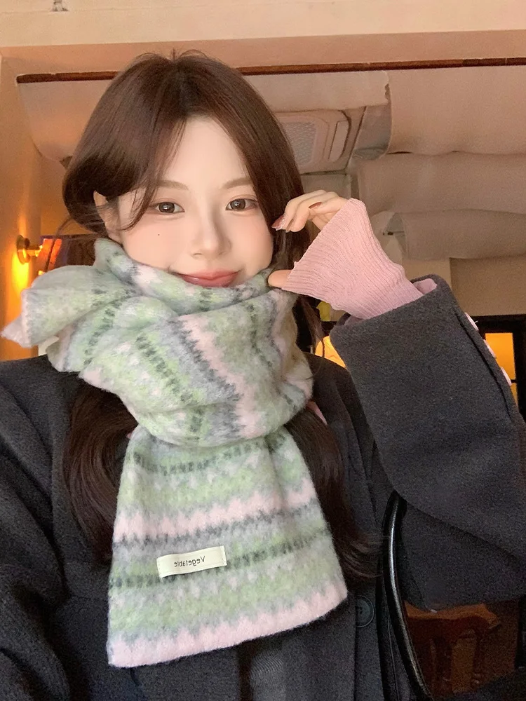 Feilao Island Knitted Scarf Women's Winter Vintage Warm Korean Style Atmosphere Stripe Pattern Cashmere Imitation Neck Warmer