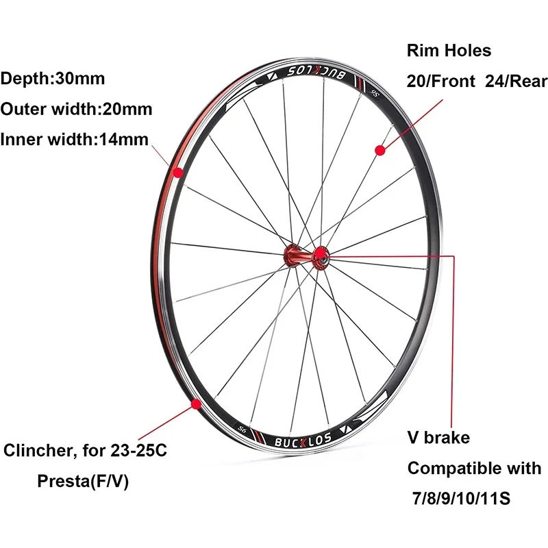 BUCKLOS Road Bike Wheelset 700c Bike Wheel Rims V Brake Quick Release 700C Aluminum Alloy Wheels Front and Rear Road Bike Parts