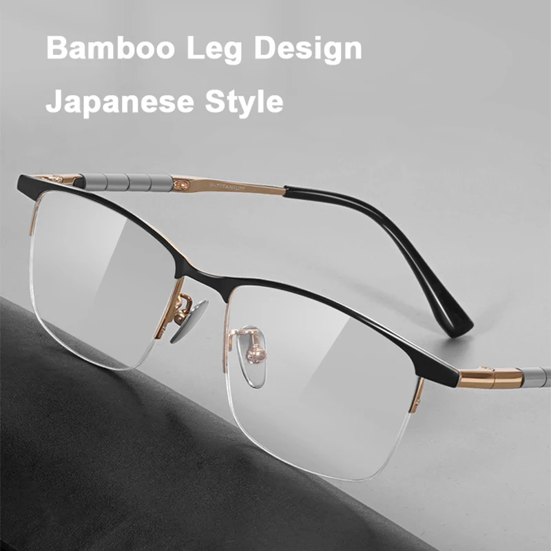 

Pure Titanium Half-frame Eyeglasses Top Quality Square Men Business Eyewear Fashion Bamboo Knot Design Eyebrow Spectacles