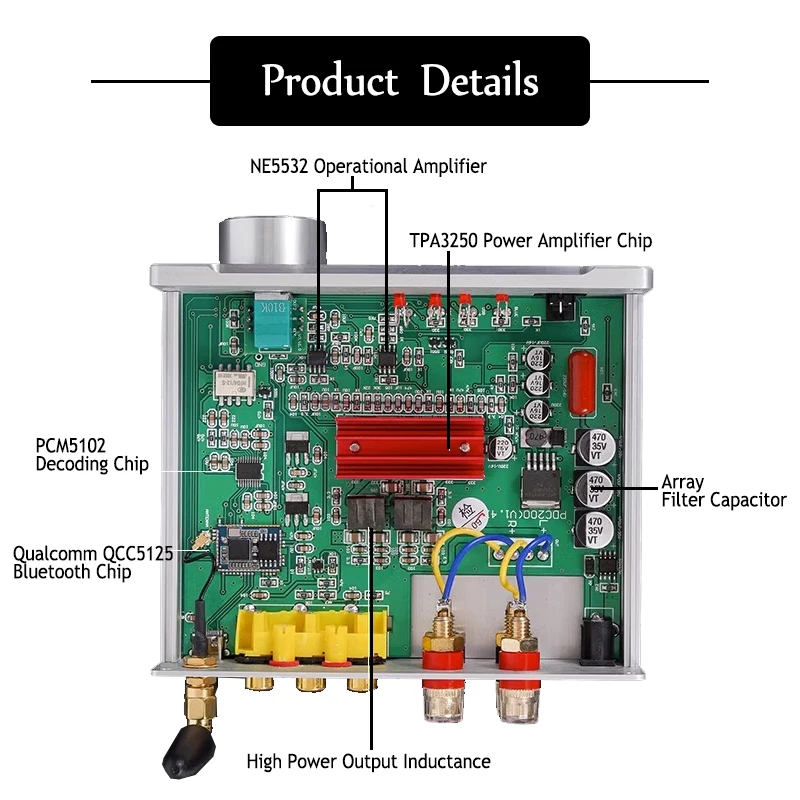 130W+130W Lossless Bluetooth 5.1 Digital Player TPA3250 Chip AUX Coaxial Type-C USB Input Connect Cellphone/Ipad/Preamplifier