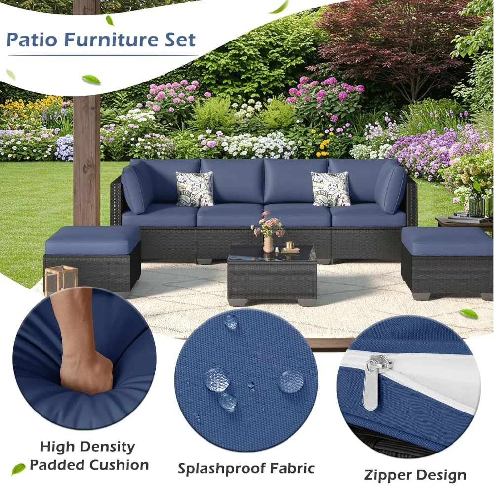 

7 Piece Outdoor Patio Furniture Set, PE Rattan Wicker Sofa Set, Outdoor Sectional Furniture Chair Set with Navy, Customized
