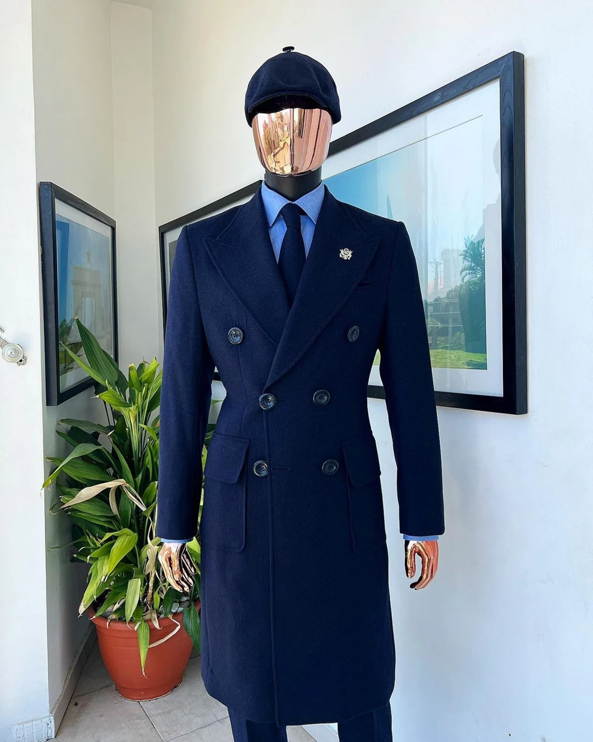 Navy Blue Men's Suit One Piece Long Coat Double Breasted Peaked Lapel Business Overcoat SlimWedding Groom Tailored Costume Homme