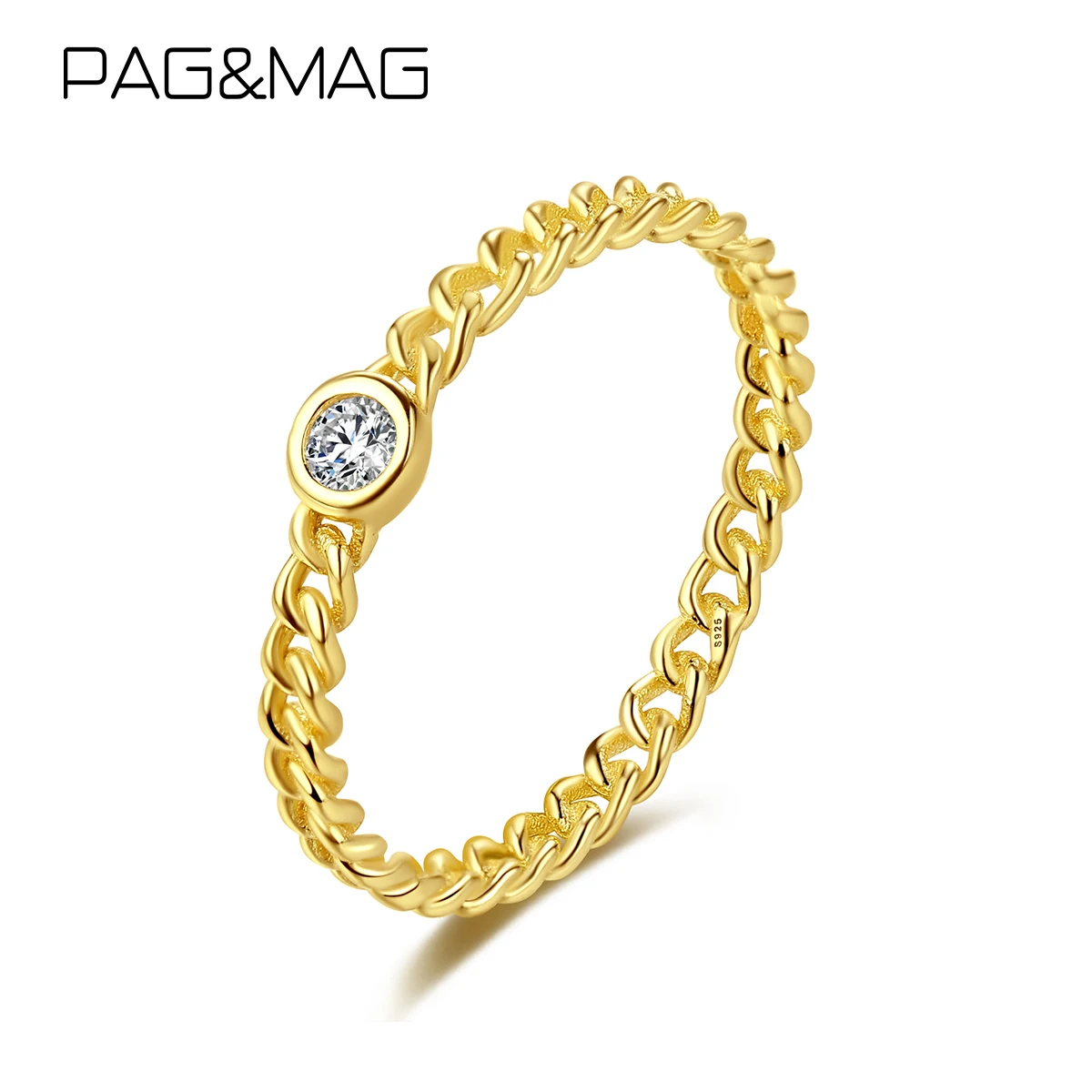 

PAG&MAG Sterling Silver Chain Ring Minimalist Gold Color Fashionable Zircon Bezel Setting Party Jewelry forWoman Christmas Gifts