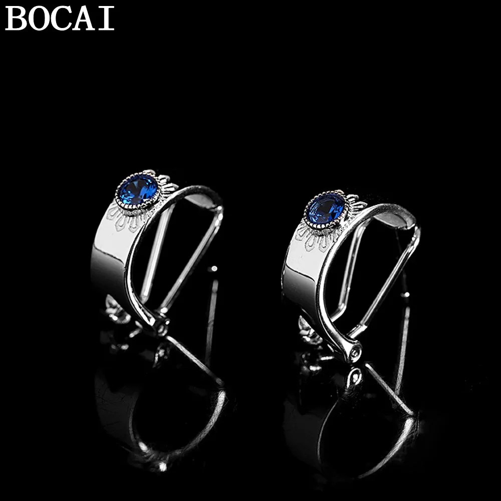 

BOCAI NEW S925 Sterling Silver Fashionable And Luxurious Set With Zircon Semi-circular Earrings